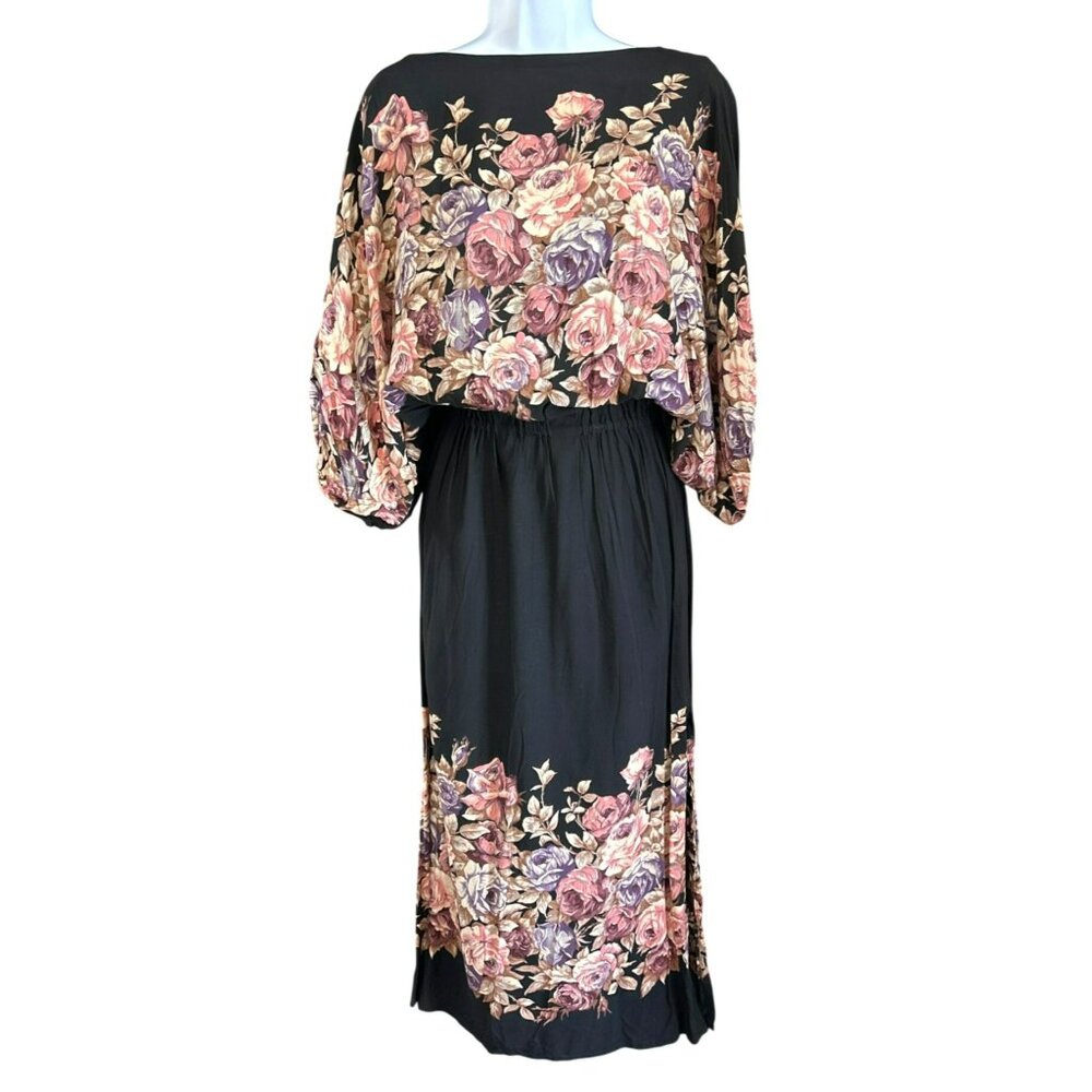 Vintage Black Floral Midi Dress Elastic Waist Dolman Sleeves Romantic Floral